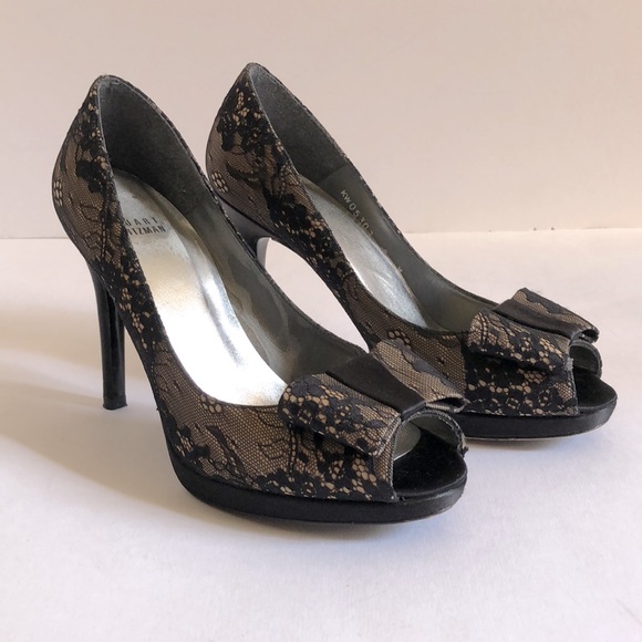 Stuart Weitzman Satin & Lace Peep Toe Pumps - Picture 3 of 9